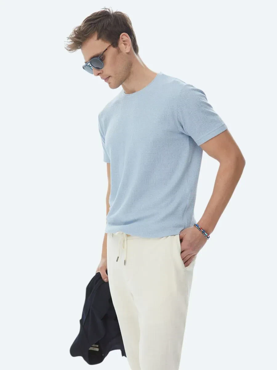 Blue Jacquard Crew Neck Cotton Blended T-Shirt - 2