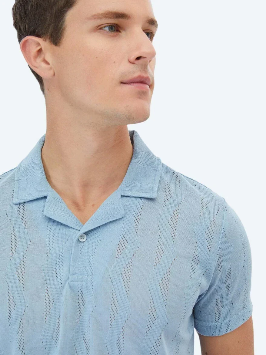 Blue Jacquard Cuban Collar T-Shirt 