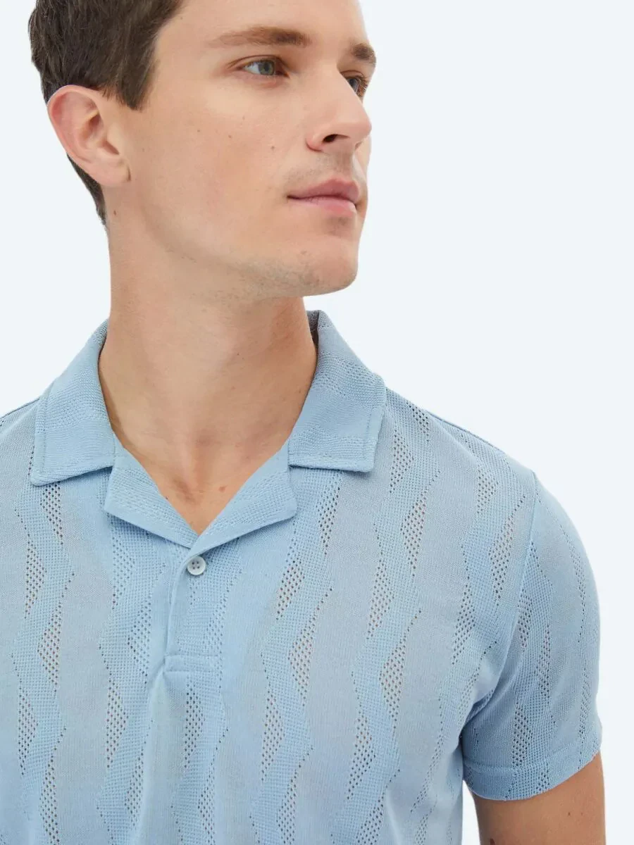 Blue Jacquard Cuban Collar T-Shirt - 4