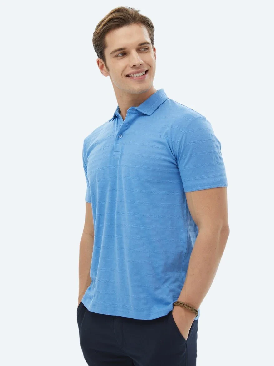 Blue Jacquard Polo Neck 100% Cotton T-Shirt - 1