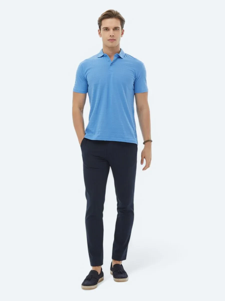Blue Jacquard Polo Neck 100% Cotton T-Shirt - 2