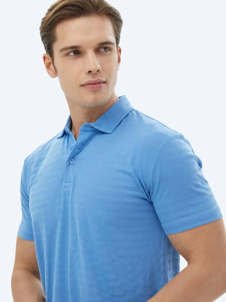 Blue Jacquard Polo Neck 100% Cotton T-Shirt - 3