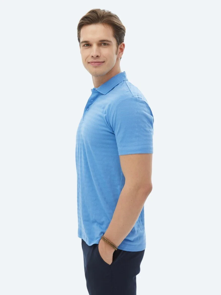 Blue Jacquard Polo Neck 100% Cotton T-Shirt - 4