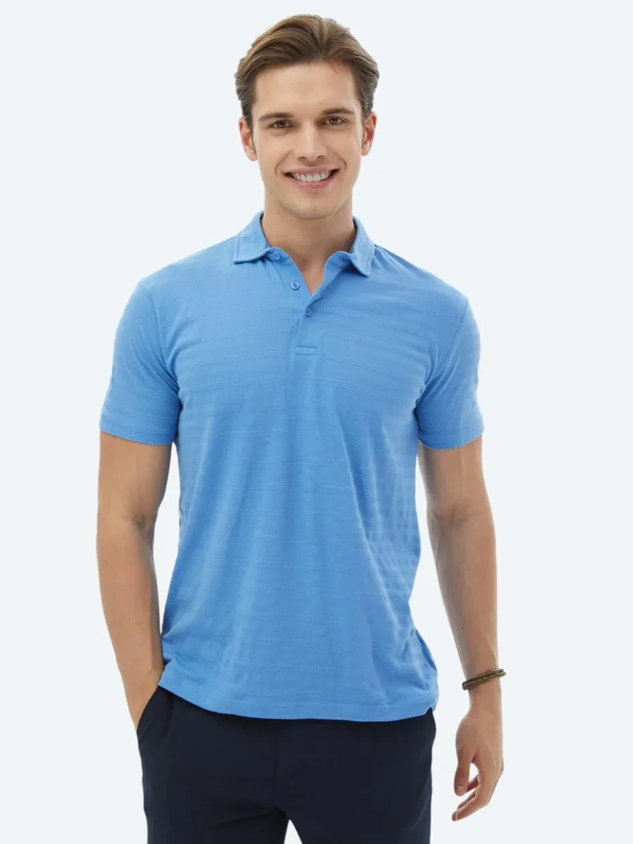 Blue Jacquard Polo Neck 100% Cotton T-Shirt - 5