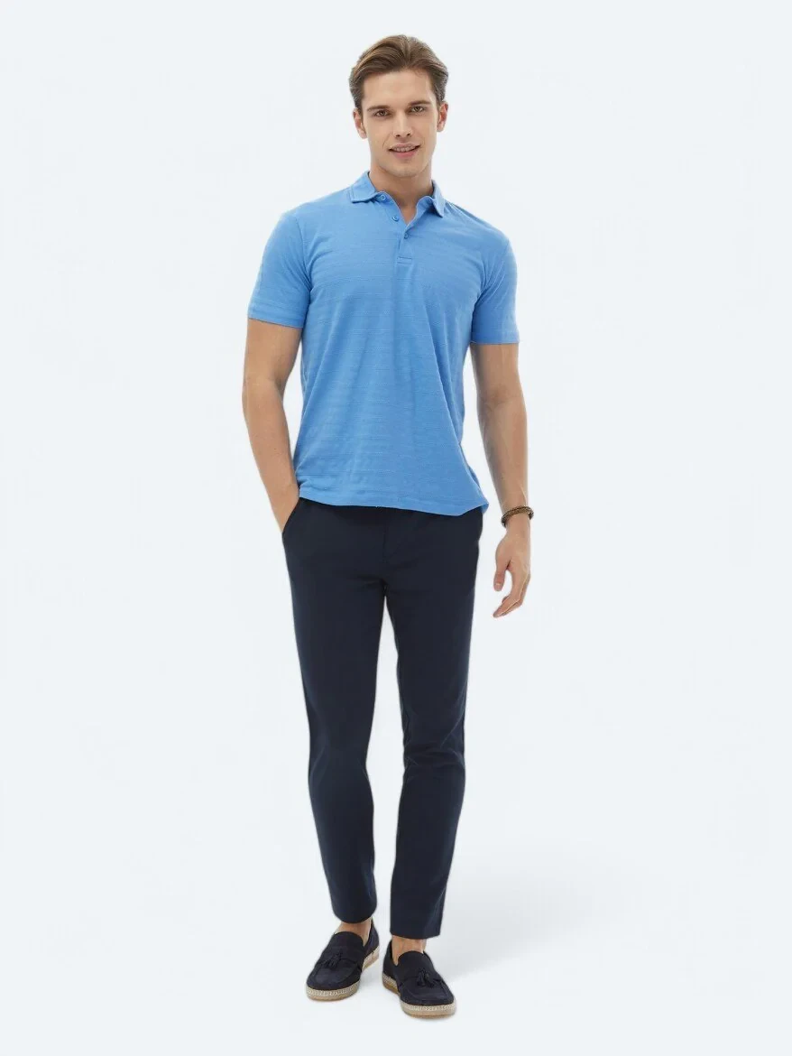 Blue Jacquard Polo Neck 100% Cotton T-Shirt - 6