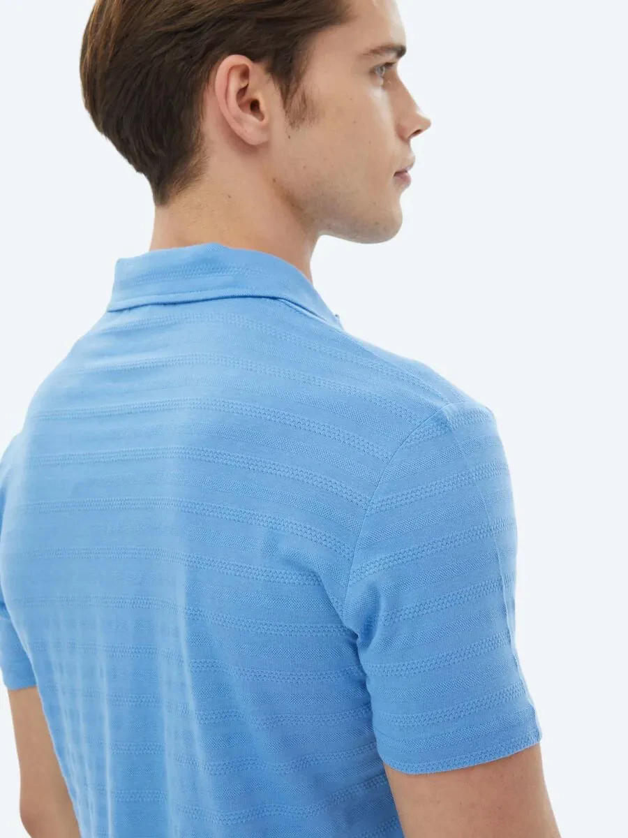 Blue Jacquard Polo Neck 100% Cotton T-Shirt - 7
