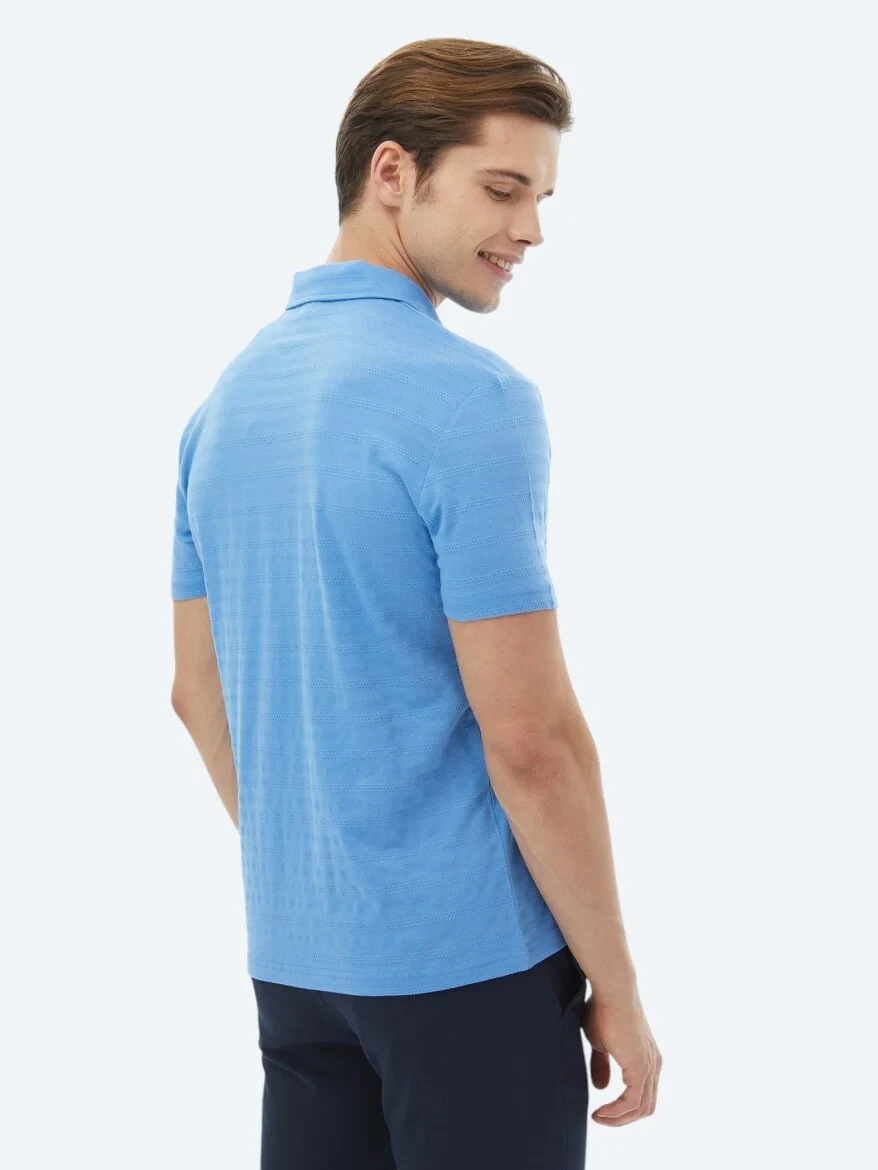Blue Jacquard Polo Neck 100% Cotton T-Shirt - 8