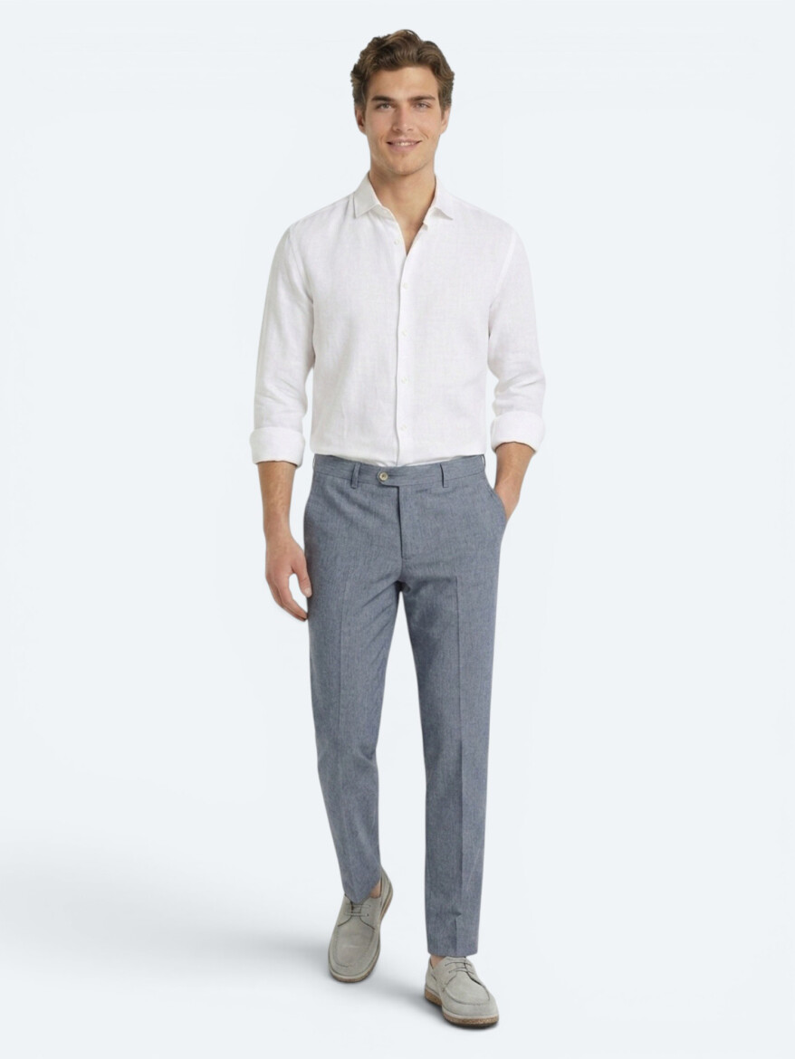 Blue Material Relaxed Fit Casual Linen Blended Trousers 