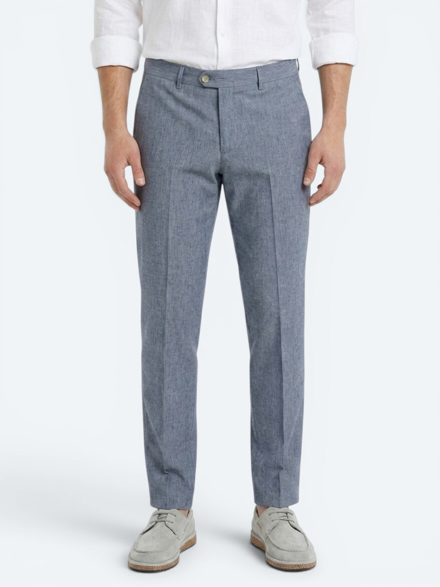 Blue Material Relaxed Fit Casual Linen Blended Trousers - 2