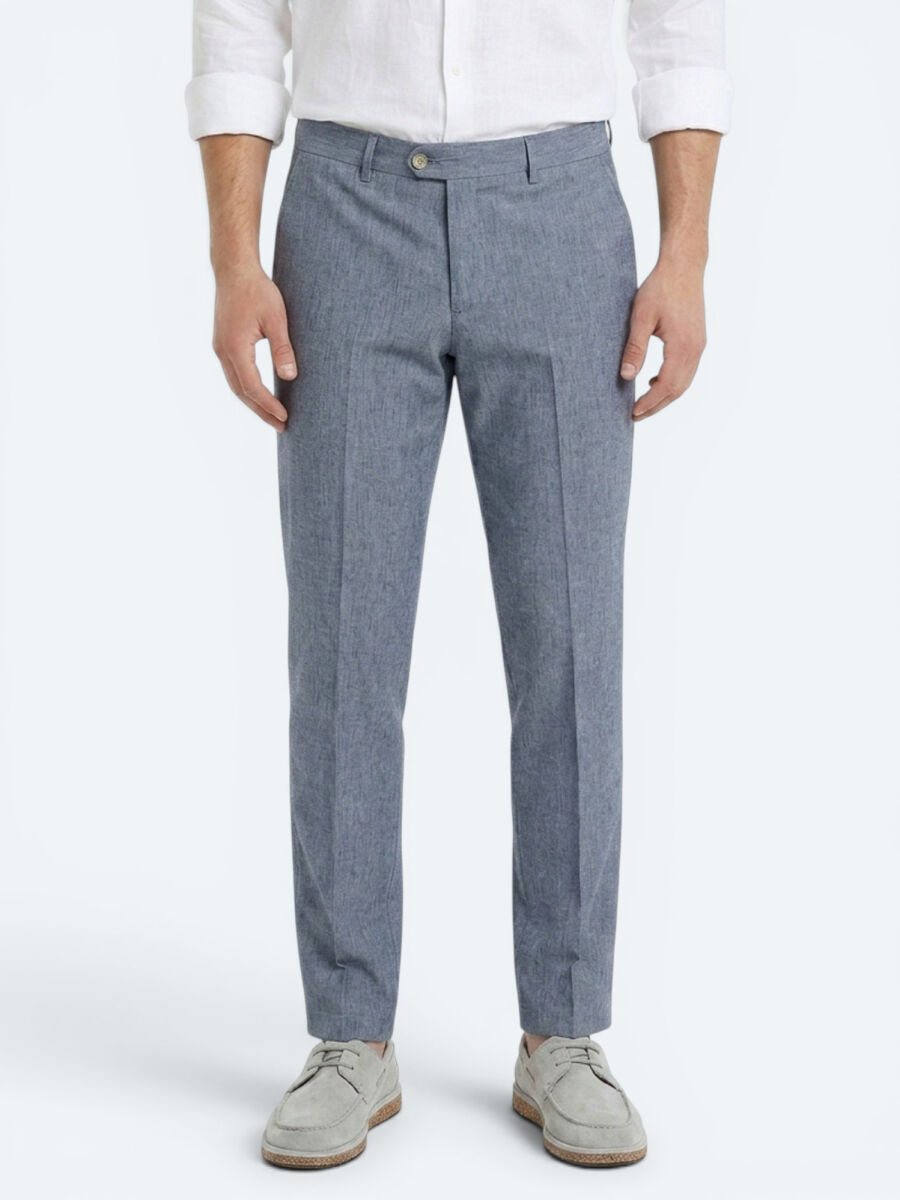 Blue Material Relaxed Fit Casual Linen Blended Trousers - 2