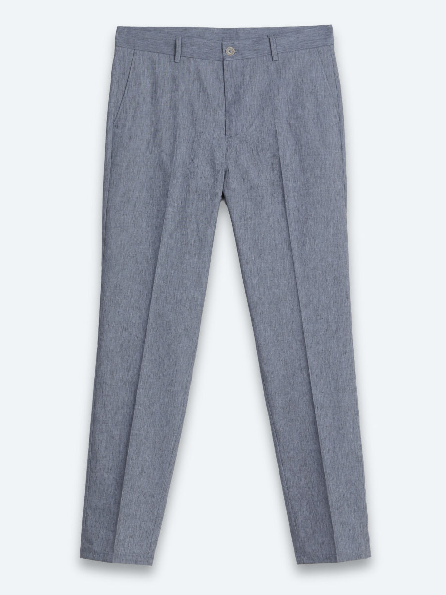 Blue Material Relaxed Fit Casual Linen Blended Trousers - 6