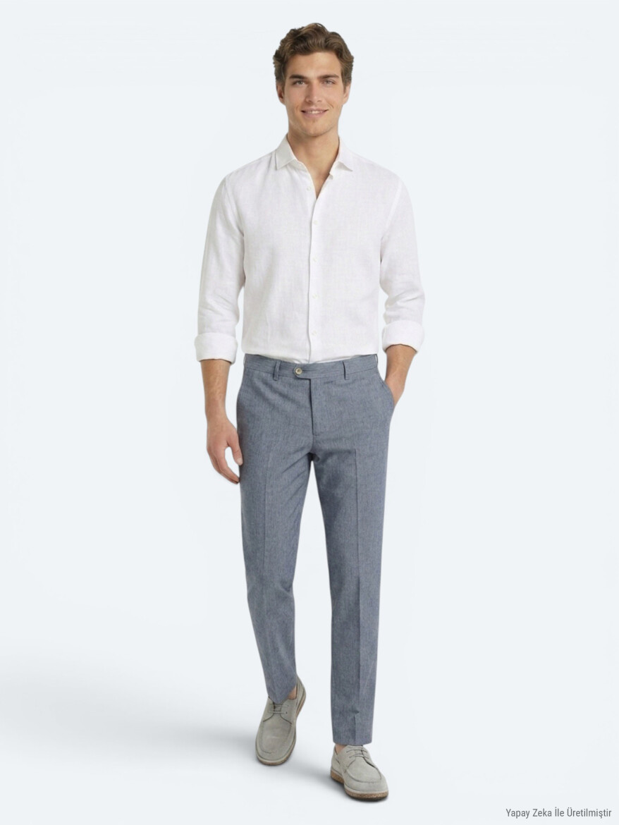 Blue Material Relaxed Fit Casual Linen Blended Trousers - 1