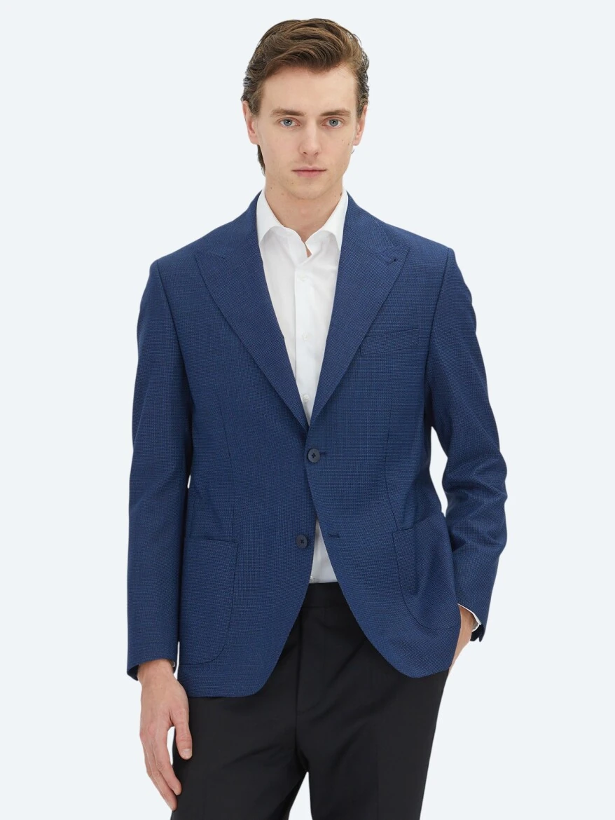 Blue Micro Modern Fit 100% Wool Jacket - KİP