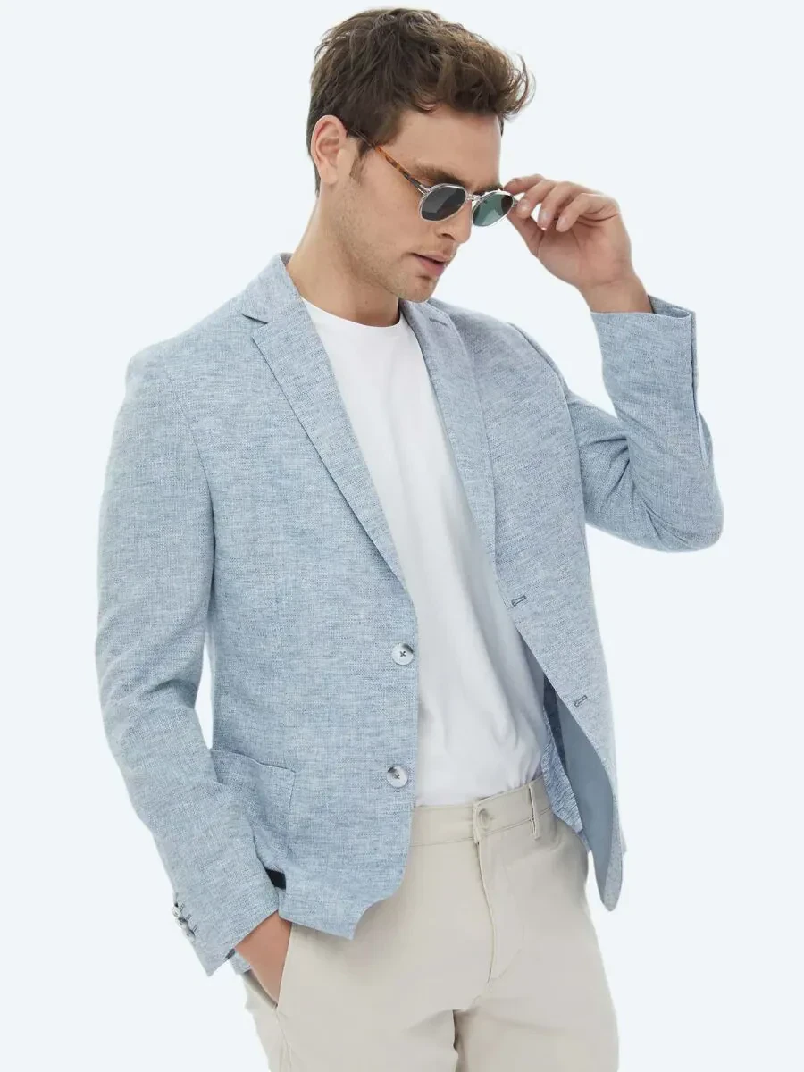 Blue Micro Modern Fit Linen Blended Jacket - 4