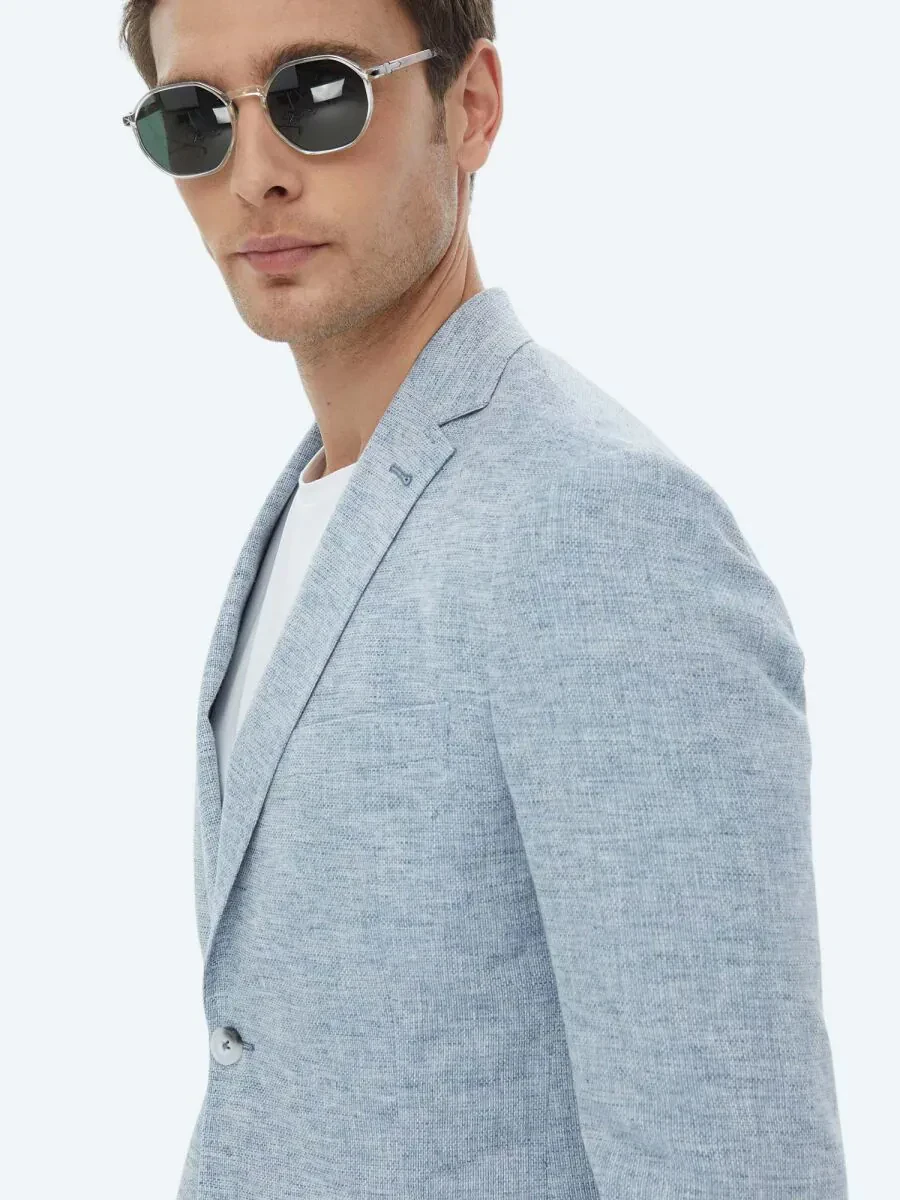 Blue Micro Modern Fit Linen Blended Jacket - 7