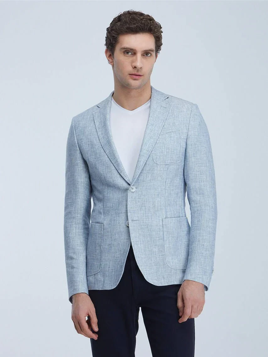 Blue Micro Regular Fit Cotton Blended Jacket - 1