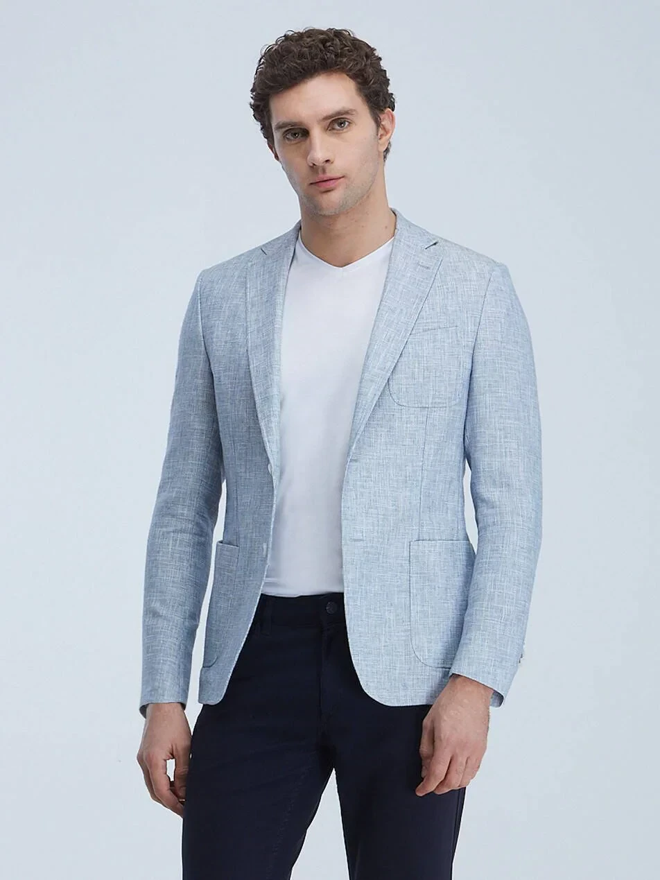 Blue Micro Regular Fit Cotton Blended Jacket - 2
