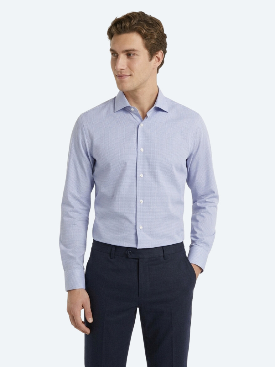 Blue Micro Regular Fit Long Weaving Casual 100% Cotton Shirt - KİP