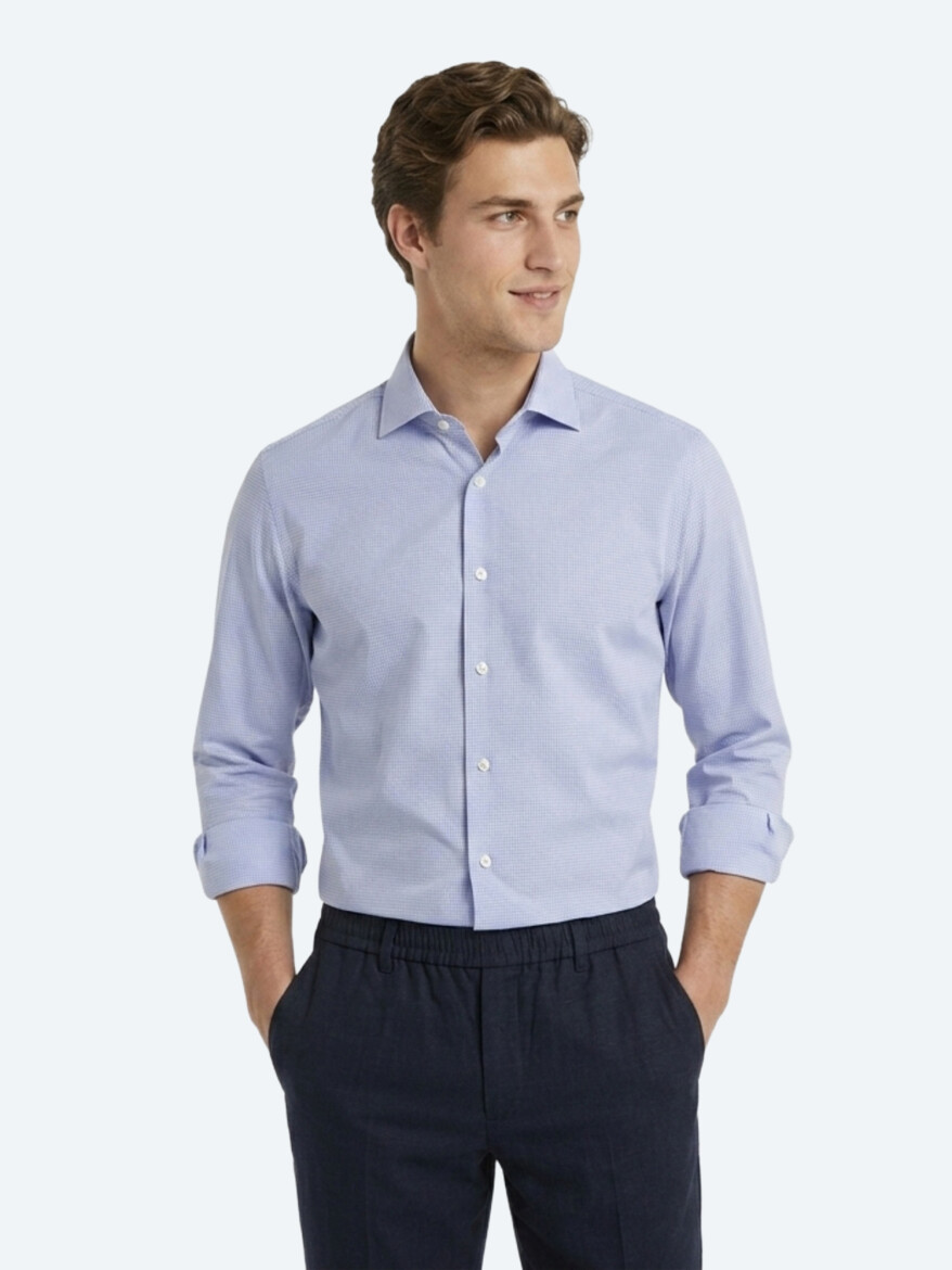 Blue Micro Regular Fit Long Weaving Casual 100% Cotton Shirt - 3