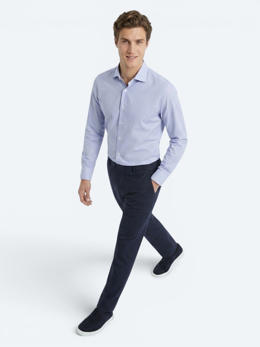 Blue Micro Regular Fit Long Weaving Casual 100% Cotton Shirt - 4