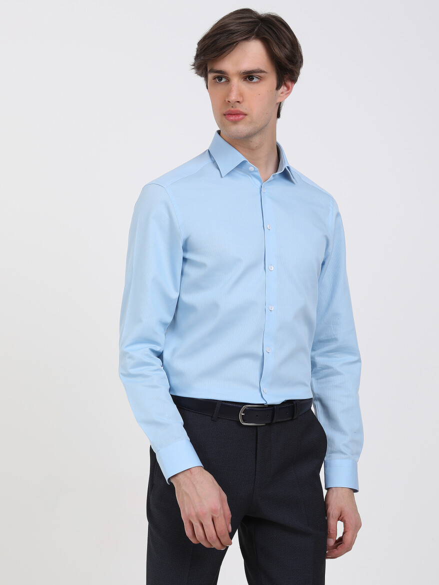 Blue Micro Slim Fit Long Weaving Classical 100% Cotton Shirt