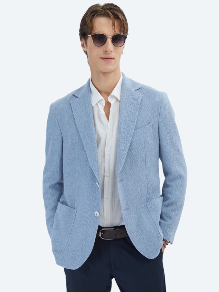 Blue Patterned Modern Fit Jacket - 1