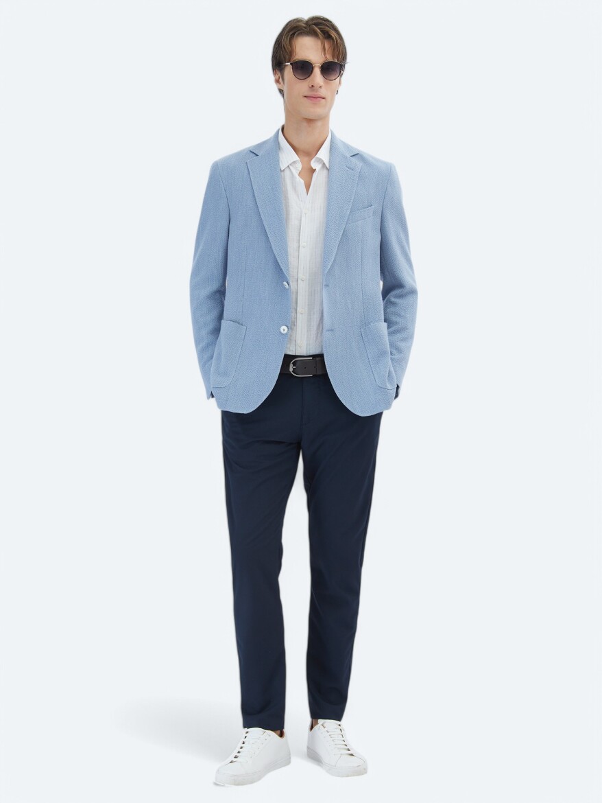 Blue Patterned Modern Fit Jacket - KİP