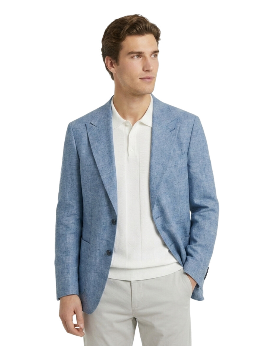 Blue Patterned Modern Fit Linen Blended Jacket - 1