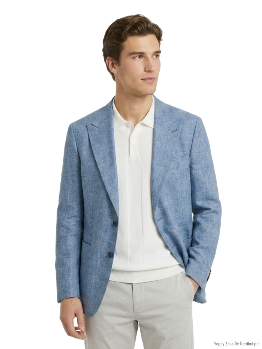 Blue Patterned Modern Fit Linen Blended Jacket - KİP