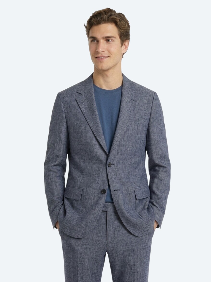 Blue Patterned Modern Fit Linen Blended Suit - 4
