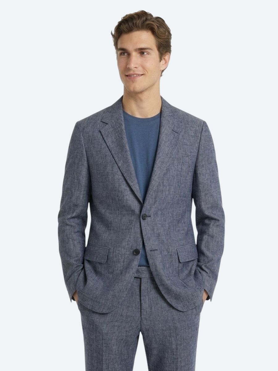 Blue Patterned Modern Fit Linen Blended Suit - 4