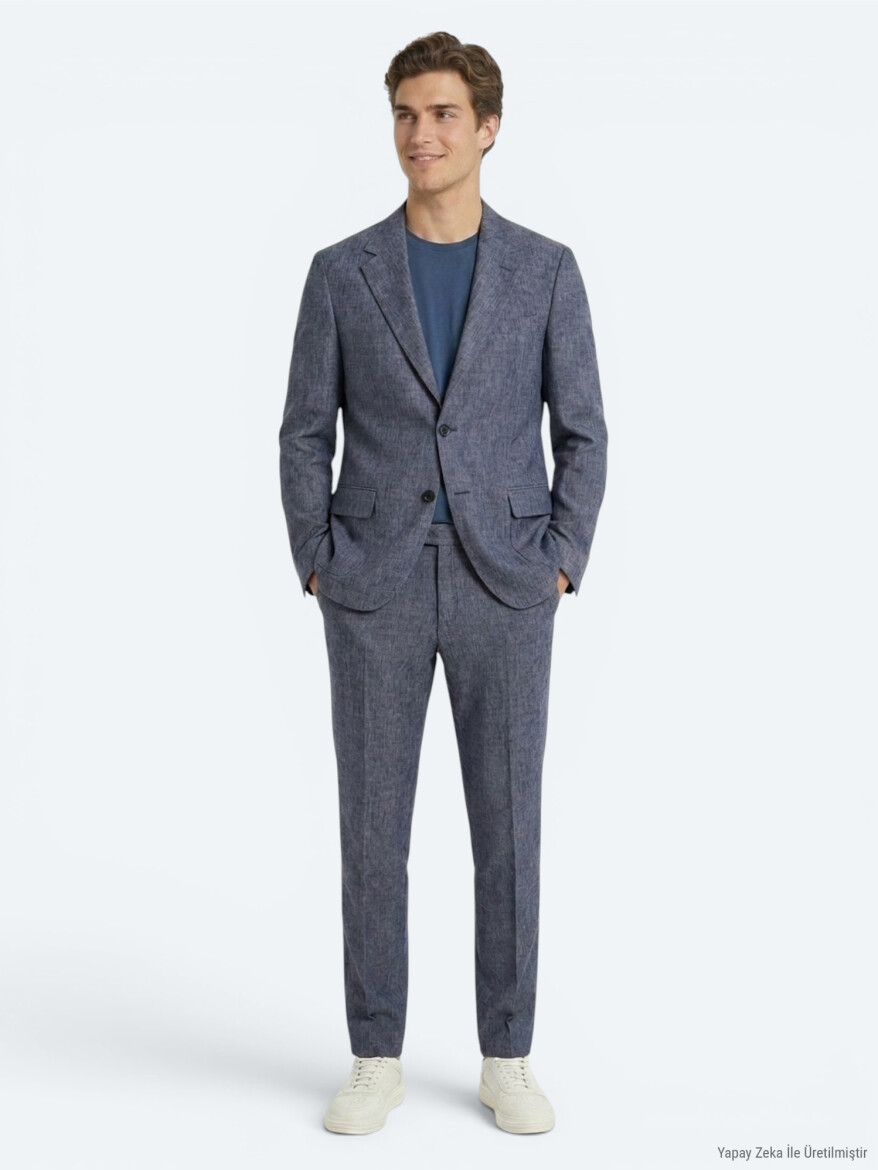Blue Patterned Modern Fit Linen Blended Suit 