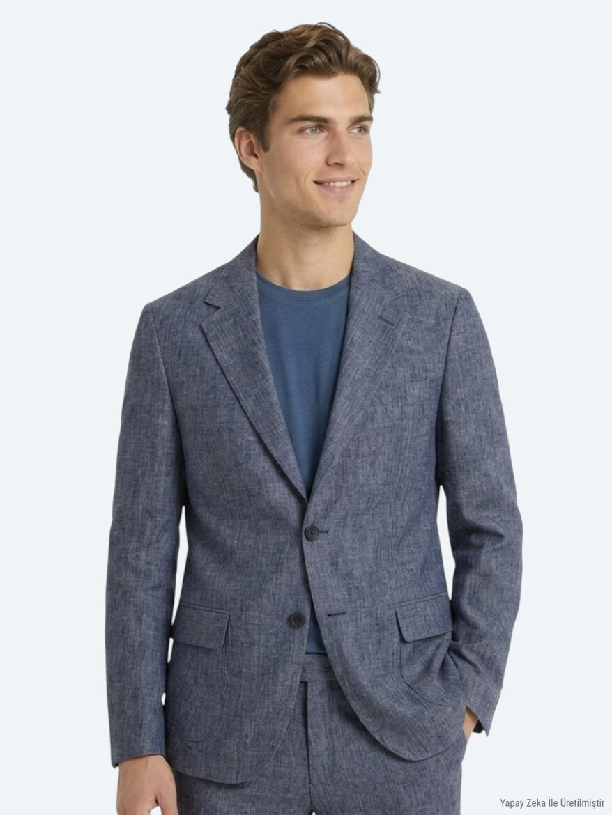 Blue Patterned Modern Fit Linen Blended Suit - 2