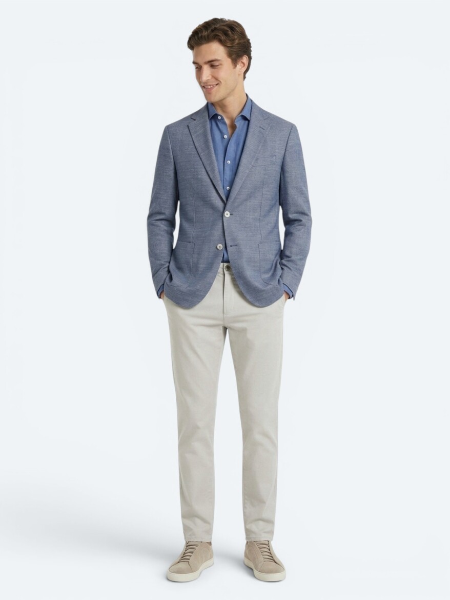Blue Patterned Modern Fit Recycled Cotton Blended Jacket - 3