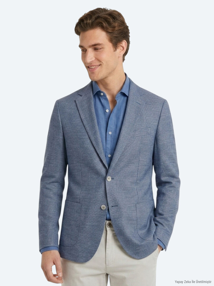 Blue Patterned Modern Fit Recycled Cotton Blended Jacket - 1