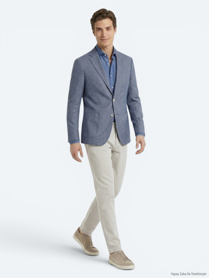 Blue Patterned Modern Fit Recycled Cotton Blended Jacket - 2