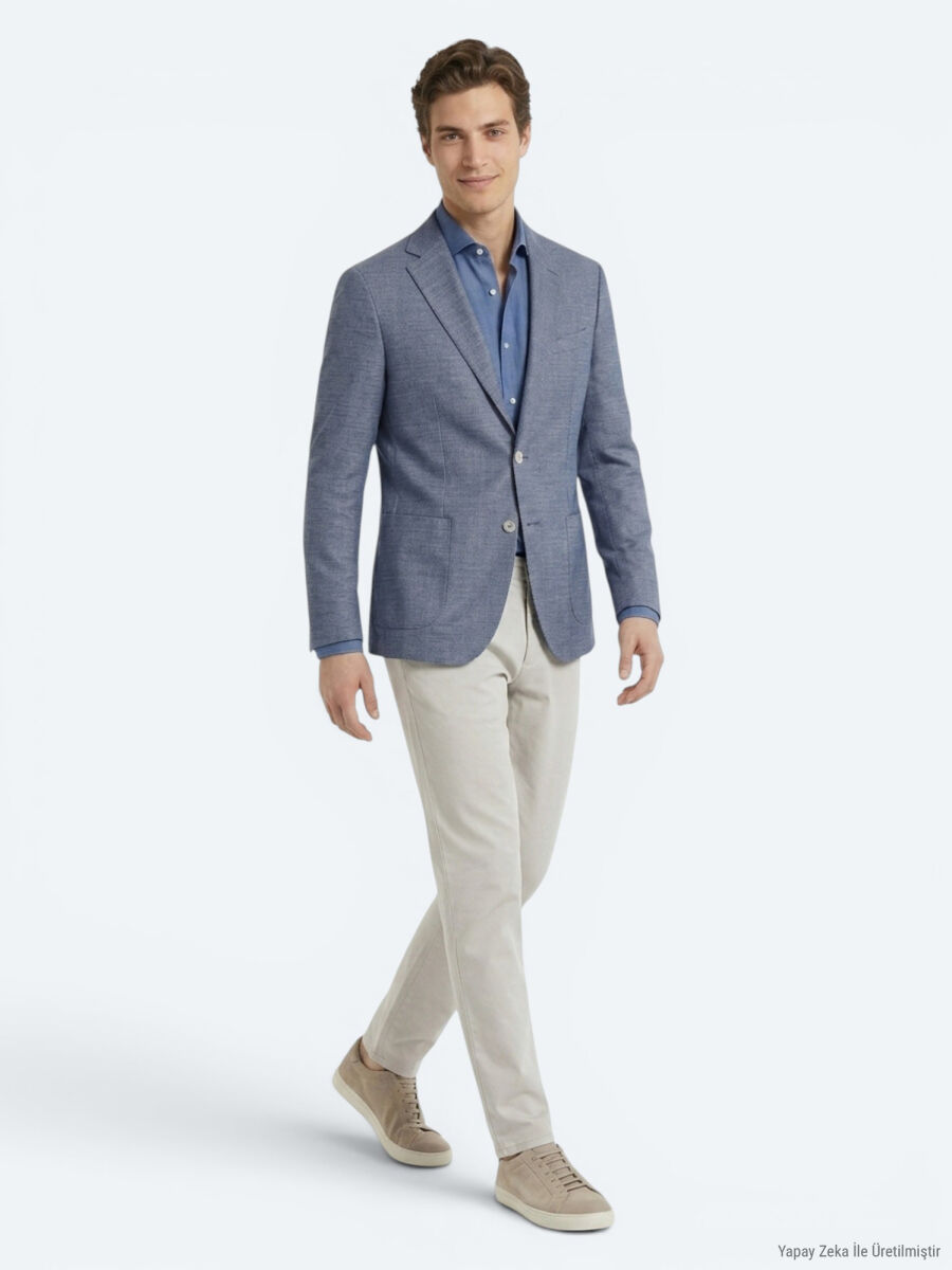 Blue Patterned Modern Fit Recycled Cotton Blended Jacket - 2