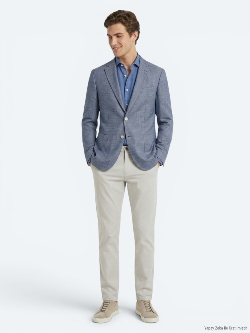 Blue Patterned Modern Fit Recycled Cotton Blended Jacket - 3