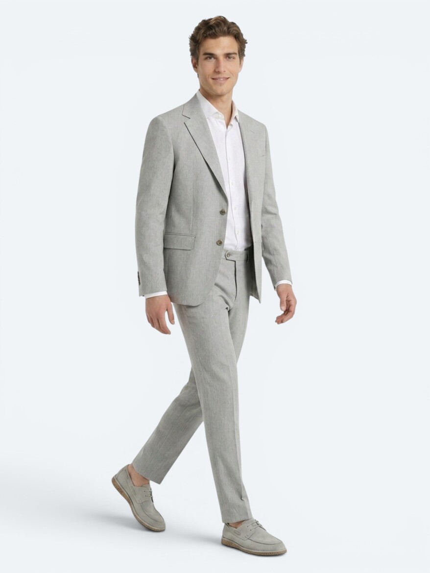 Blue Patterned Modern Fit Recycled Linen Blended Suit - 2