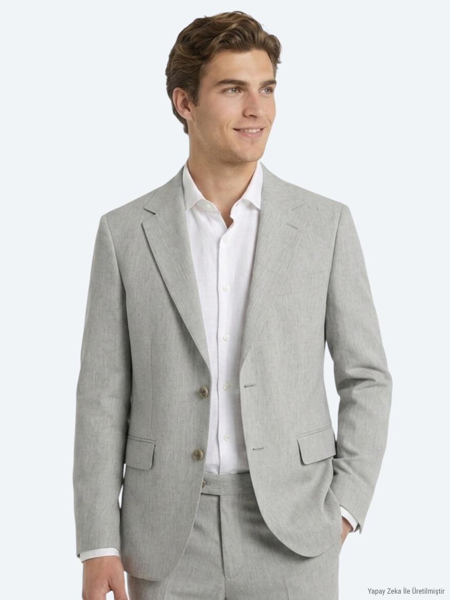 Blue Patterned Modern Fit Recycled Linen Blended Suit - 3