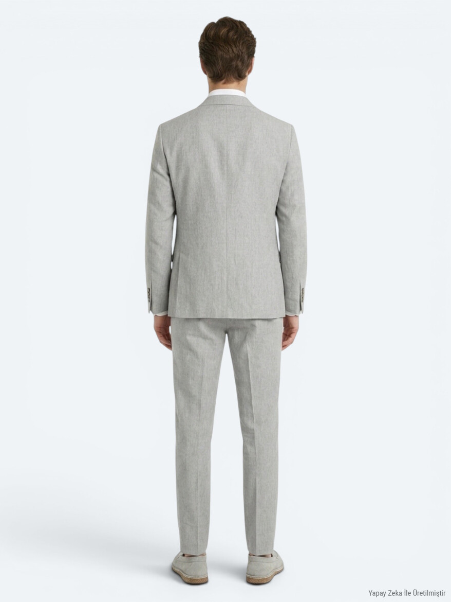 Blue Patterned Modern Fit Recycled Linen Blended Suit - 4