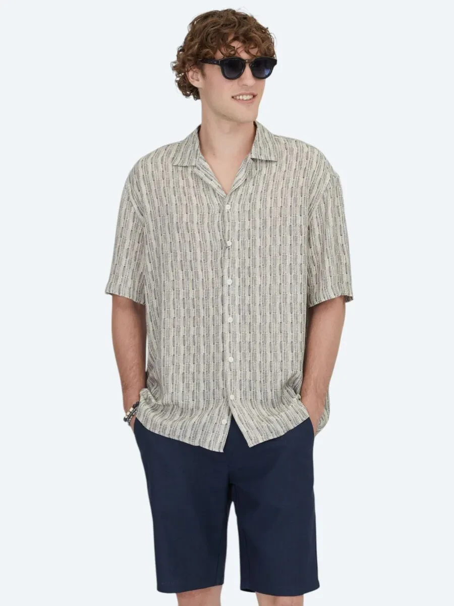 Blue Patterned Oversize Fit Weaving Casual Shirt - 1