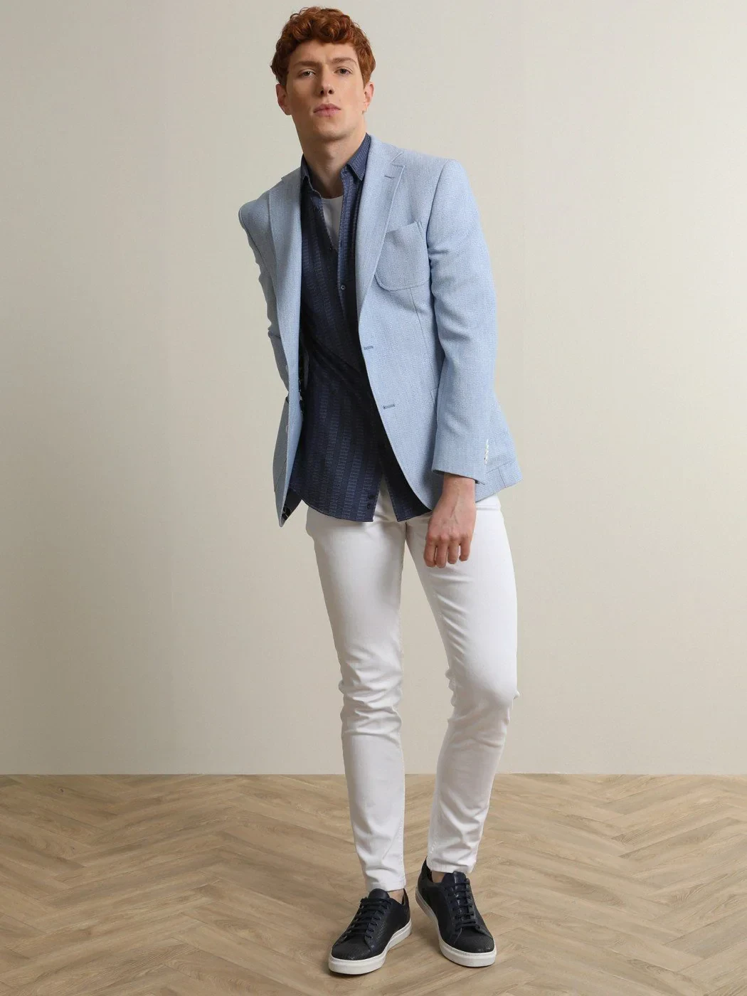 Blue Patterned Regular Fit Jacket - 1