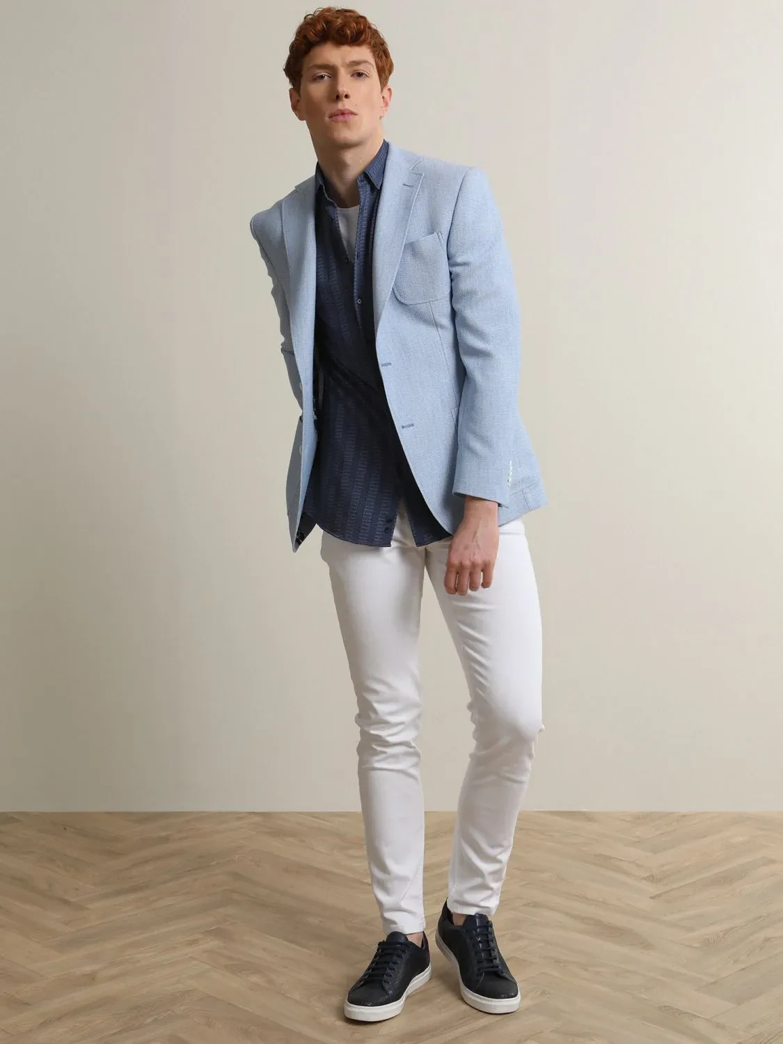 Blue Patterned Regular Fit Jacket - 1