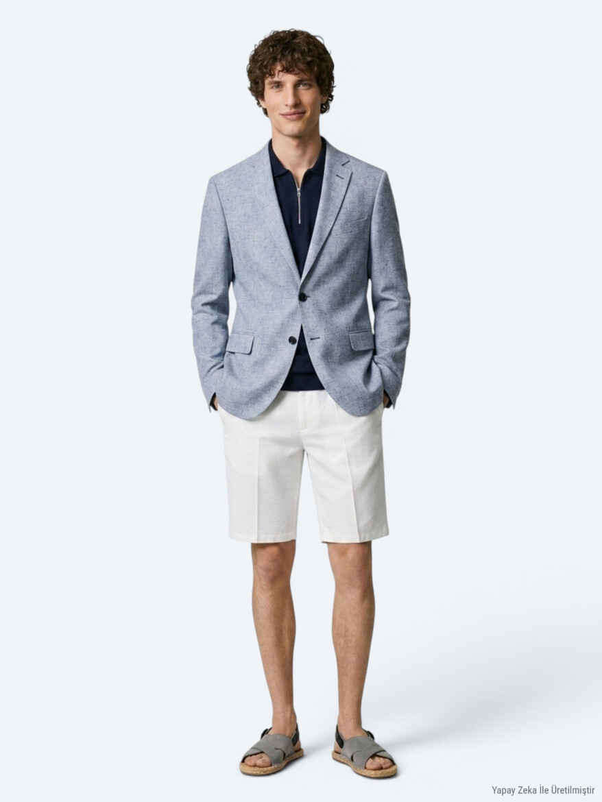 Blue Patterned Regular Fit Linen Blended Jacket - 2