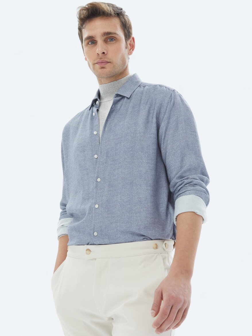 Blue Patterned Regular Fit Long Weaving Casual Shirt - 3