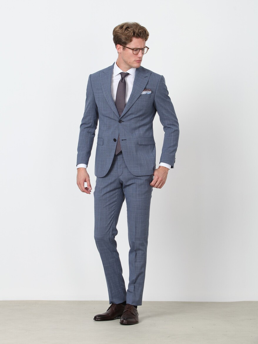 Blue Patterned Regular Fit Wool Blended Suit - 1
