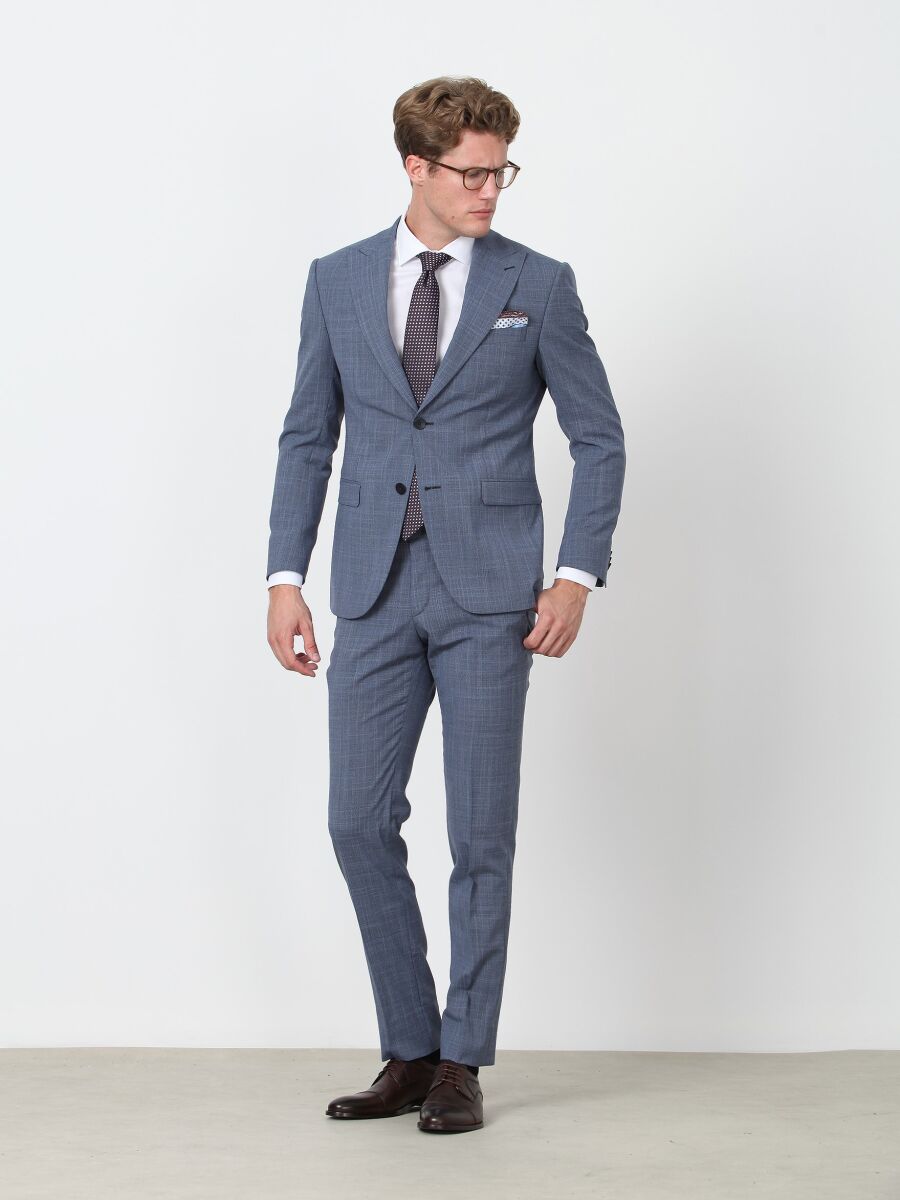 Blue Patterned Regular Fit Wool Blended Suit - 1