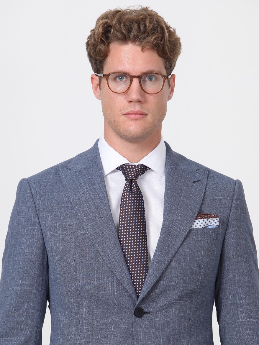 Blue Patterned Regular Fit Wool Blended Suit - 2