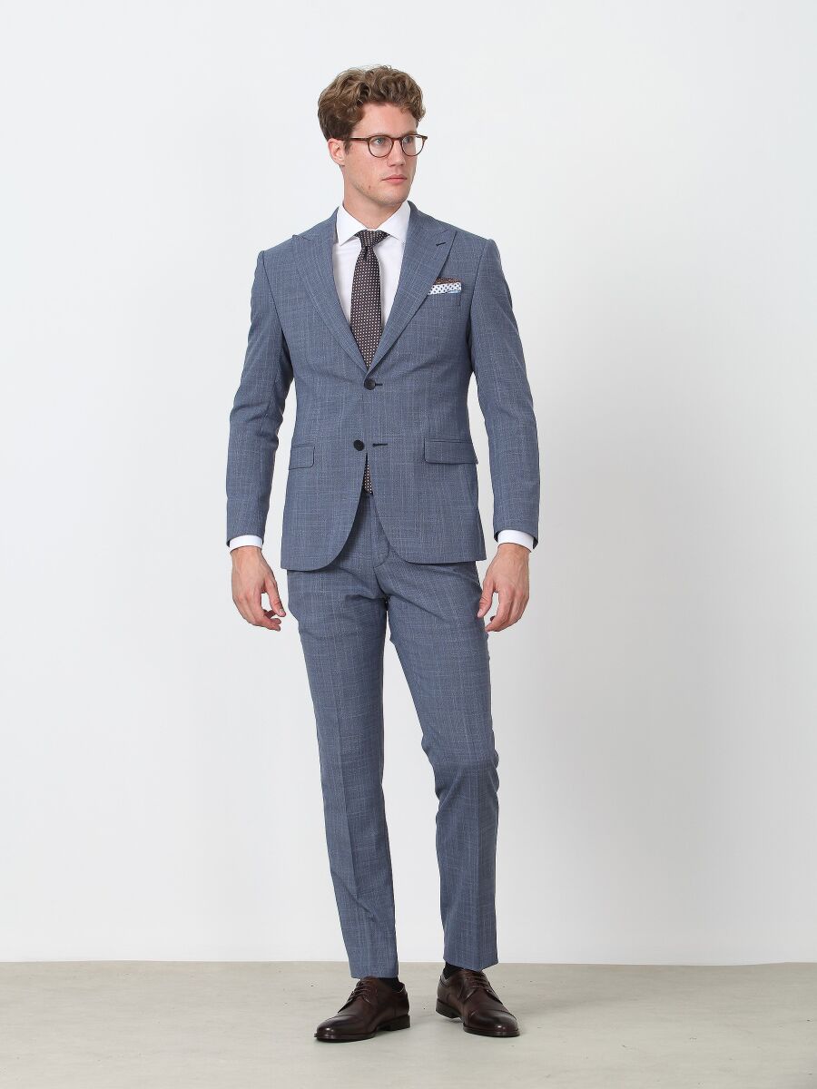 Blue Patterned Regular Fit Wool Blended Suit - 3